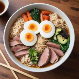 A bowl of steaming ramen, filled with colorful vegetables, succulent slices of meat, soft boiled egg and perfectly cooked noodles, placed on a wooden table.