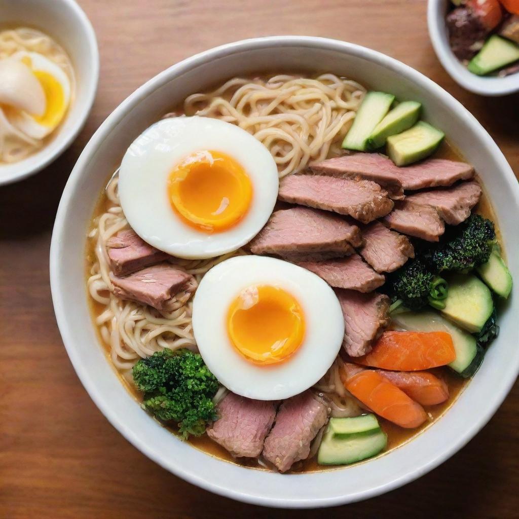 A bowl of steaming ramen, filled with colorful vegetables, succulent slices of meat, soft boiled egg and perfectly cooked noodles, placed on a wooden table.