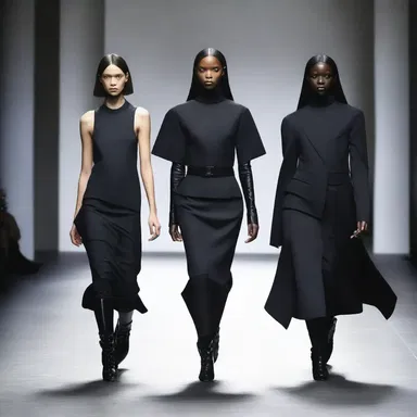 The fashion designer created a retributive collection inspired by justice and punishment, using dark colors and sharp lines in their designs.