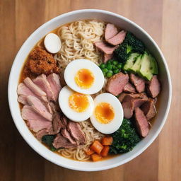 A bowl of steaming ramen, filled with colorful vegetables, succulent slices of meat, soft boiled egg and perfectly cooked noodles, placed on a wooden table.