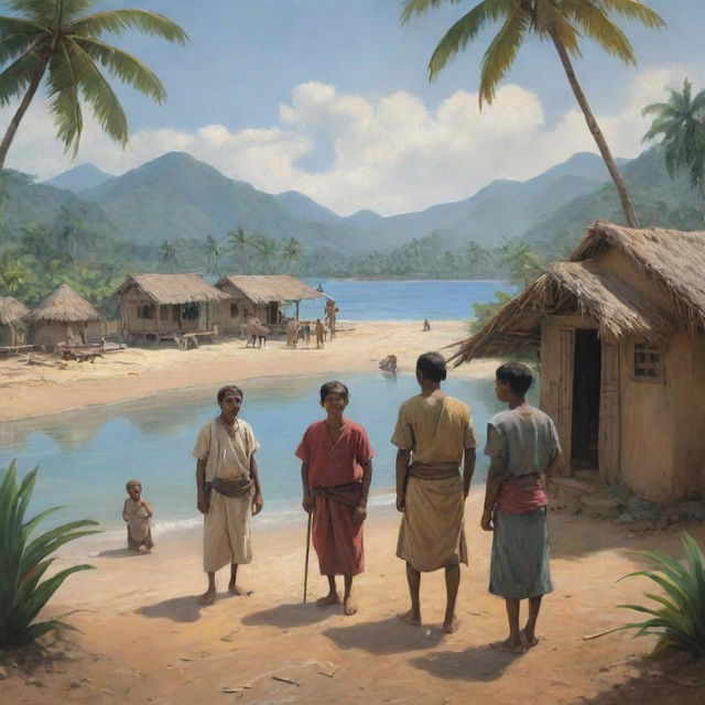 Illustrate a melancholic scene of a villager being banished from their village by the other villagers, in a tropical setting.