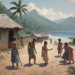 Illustrate a melancholic scene of a villager being banished from their village by the other villagers, in a tropical setting.