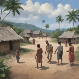 Illustrate a melancholic scene of a villager being banished from their village by the other villagers, in a tropical setting.