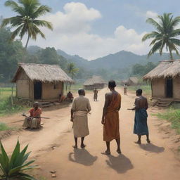 Illustrate a melancholic scene of a villager being banished from their village by the other villagers, in a tropical setting.