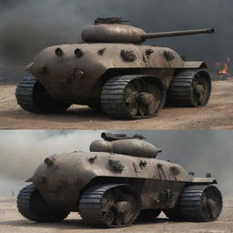 Dieselpunk military vehicles, grim and robust; made with rustic iron, featuring bulky armored shell, turrets fitted with large caliber cannons, powered by colossal diesel engines belching dark, oily smoke.