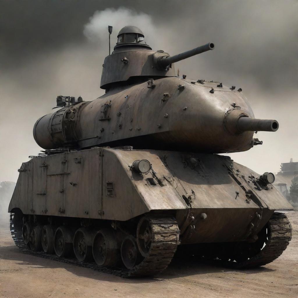 Dieselpunk military vehicles, grim and robust; made with rustic iron, featuring bulky armored shell, turrets fitted with large caliber cannons, powered by colossal diesel engines belching dark, oily smoke.