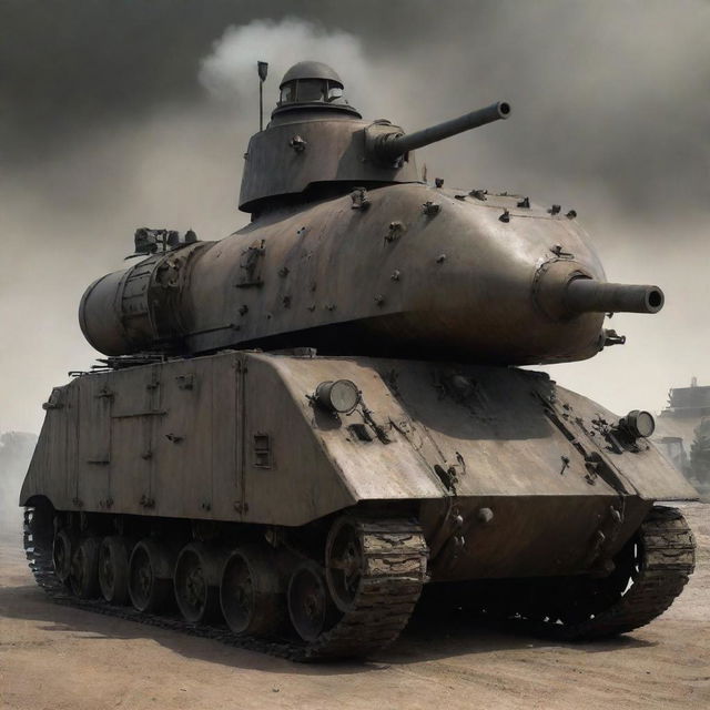 Dieselpunk military vehicles, grim and robust; made with rustic iron, featuring bulky armored shell, turrets fitted with large caliber cannons, powered by colossal diesel engines belching dark, oily smoke.