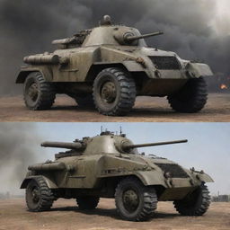 Dieselpunk military vehicles, grim and robust; made with rustic iron, featuring bulky armored shell, turrets fitted with large caliber cannons, powered by colossal diesel engines belching dark, oily smoke.