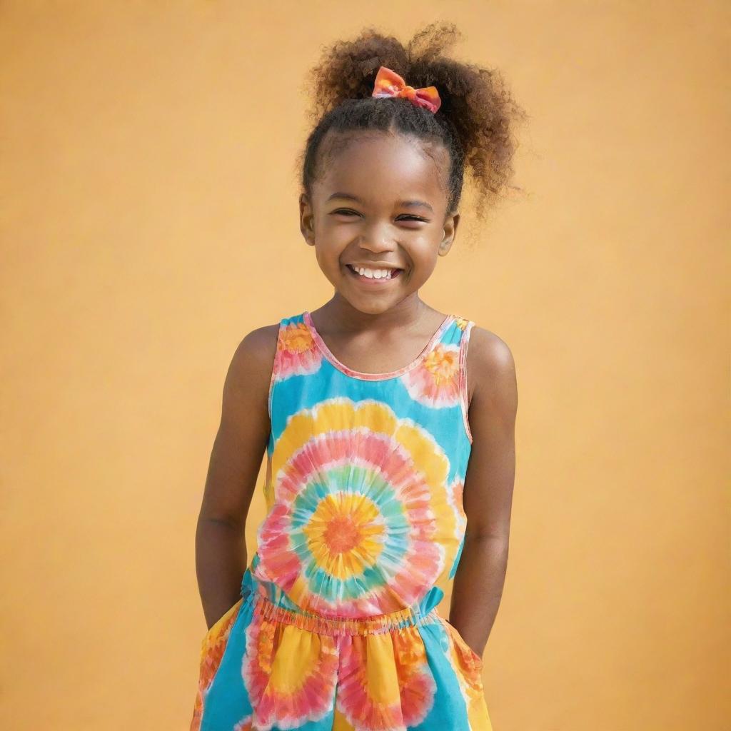 A young girl, with a cheerful smile, wearing a vibrant, colorful, and stylish outfit, standing in front of a sunny backdrop