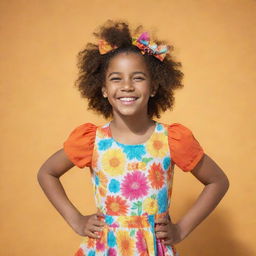 A young girl, with a cheerful smile, wearing a vibrant, colorful, and stylish outfit, standing in front of a sunny backdrop