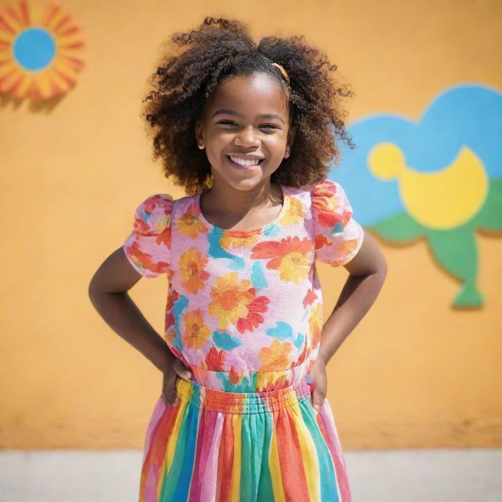 A young girl, with a cheerful smile, wearing a vibrant, colorful, and stylish outfit, standing in front of a sunny backdrop