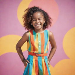 A young girl, with a cheerful smile, wearing a vibrant, colorful, and stylish outfit, standing in front of a sunny backdrop