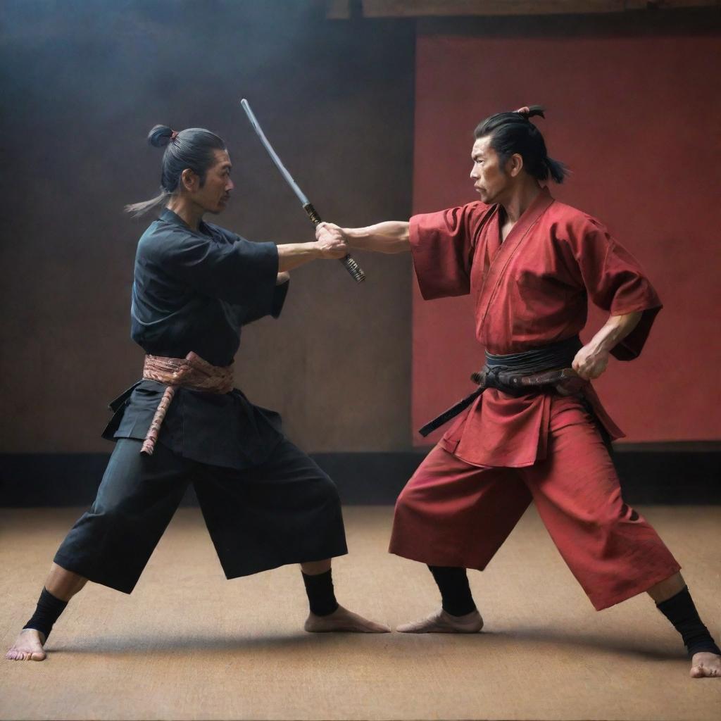 A Japanese samurai dueling with an Indonesian martial artist, each displaying their unique fighting styles and traditional outfits, set in a dramatic backdrop