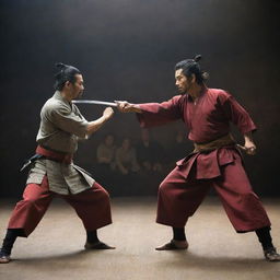 A Japanese samurai dueling with an Indonesian martial artist, each displaying their unique fighting styles and traditional outfits, set in a dramatic backdrop