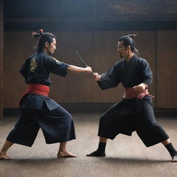 A Japanese samurai dueling with an Indonesian martial artist, each displaying their unique fighting styles and traditional outfits, set in a dramatic backdrop