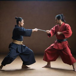 A Japanese samurai dueling with an Indonesian martial artist, each displaying their unique fighting styles and traditional outfits, set in a dramatic backdrop