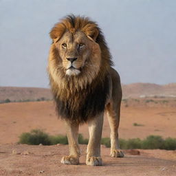 A majestic lion standing with the backdrop of Libya's iconic landscapes