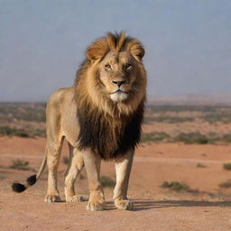 A majestic lion standing with the backdrop of Libya's iconic landscapes