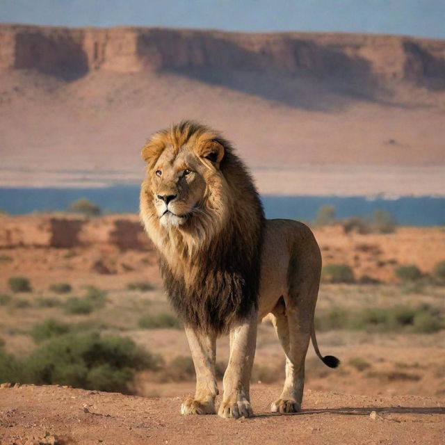 A majestic lion standing with the backdrop of Libya's iconic landscapes