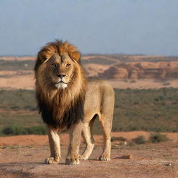 A majestic lion standing with the backdrop of Libya's iconic landscapes