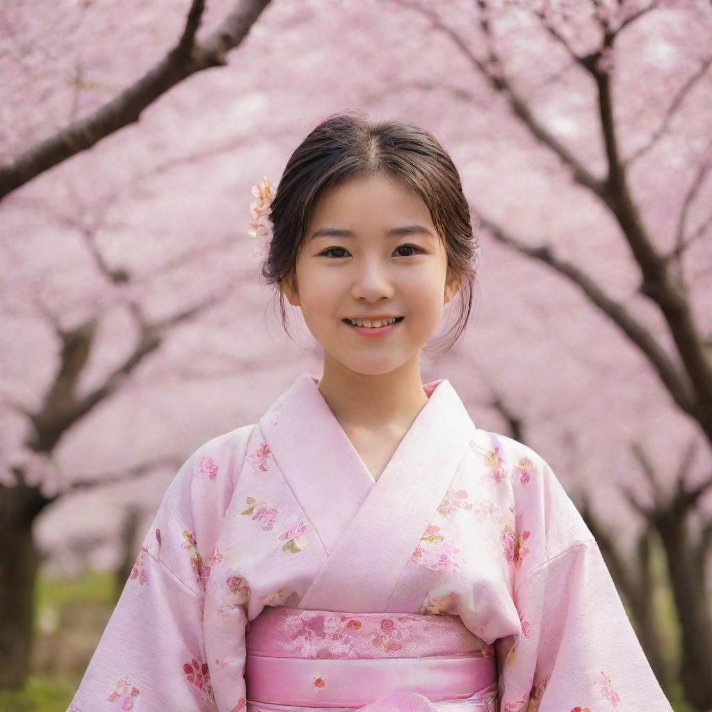 A young Japanese girl, with sparkling eyes and a softly glowing smile, clad in a traditional kimono, standing amidst a serene sakura blossom garden.