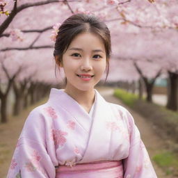 A young Japanese girl, with sparkling eyes and a softly glowing smile, clad in a traditional kimono, standing amidst a serene sakura blossom garden.