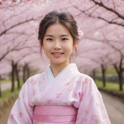 A young Japanese girl, with sparkling eyes and a softly glowing smile, clad in a traditional kimono, standing amidst a serene sakura blossom garden.