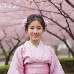 A young Japanese girl, with sparkling eyes and a softly glowing smile, clad in a traditional kimono, standing amidst a serene sakura blossom garden.