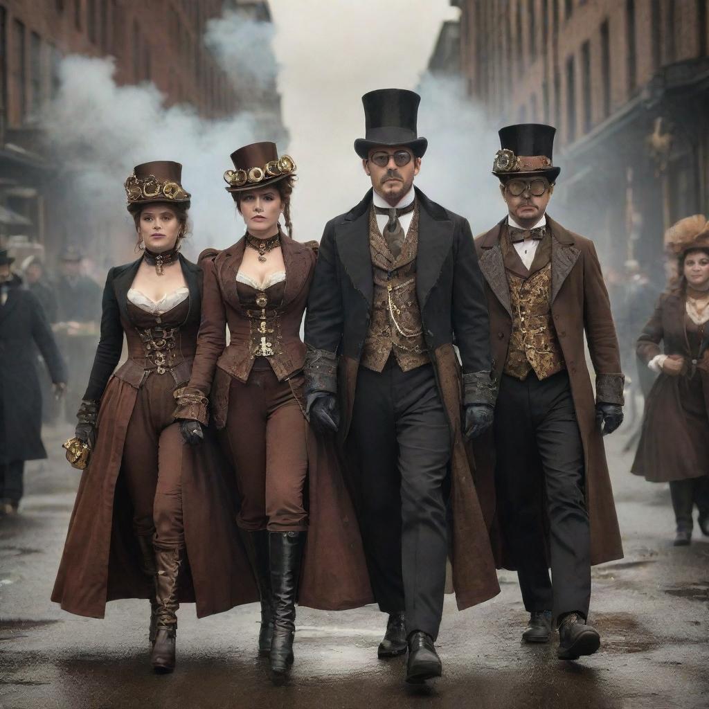 Steampunk citizens clad in Victorian-era clothes adorned with gears and brass; goggles, top hats, corsets, and capes with mechanical enhancements, moving amidst a city filled with steam and the rush of tinkering inventions.