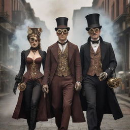 Steampunk citizens clad in Victorian-era clothes adorned with gears and brass; goggles, top hats, corsets, and capes with mechanical enhancements, moving amidst a city filled with steam and the rush of tinkering inventions.