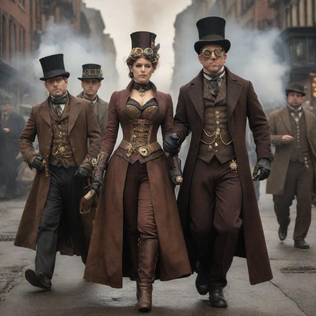 Steampunk citizens clad in Victorian-era clothes adorned with gears and brass; goggles, top hats, corsets, and capes with mechanical enhancements, moving amidst a city filled with steam and the rush of tinkering inventions.