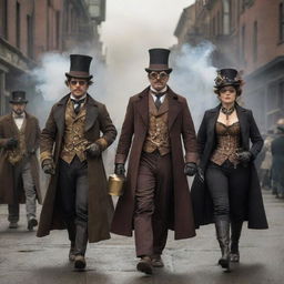 Steampunk citizens clad in Victorian-era clothes adorned with gears and brass; goggles, top hats, corsets, and capes with mechanical enhancements, moving amidst a city filled with steam and the rush of tinkering inventions.