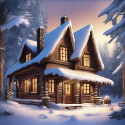 A high-quality digital art image capturing an old-style, rustic tavern nestled in a winter village forest landscape