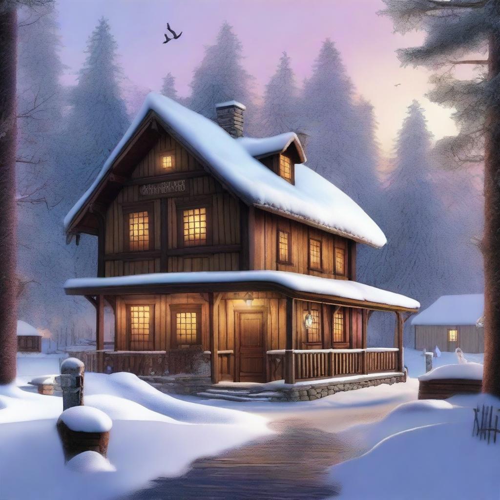 A high-quality digital art image capturing an old-style, rustic tavern nestled in a winter village forest landscape