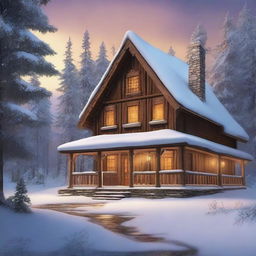 A high-quality digital art image capturing an old-style, rustic tavern nestled in a winter village forest landscape