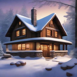 A high-quality digital art image capturing an old-style, rustic tavern nestled in a winter village forest landscape