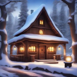 A high-quality digital art image showcasing a fantasy-inspired, rustic tavern situated in a winter village within a forest landscape