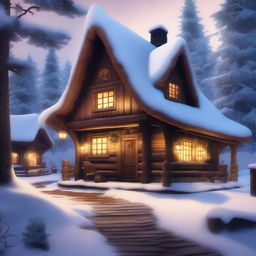 A high-quality digital art image showcasing a fantasy-inspired, rustic tavern situated in a winter village within a forest landscape