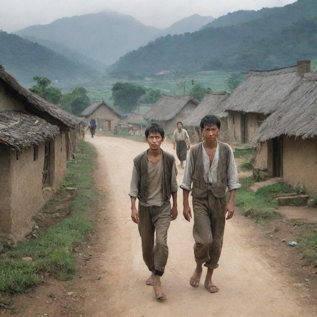 A saddened individual being expelled from a rural village by a group of stern villagers, with a backdrop of rustic houses and traditional settings.