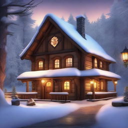 A high-quality digital art image showcasing a fantasy-inspired, rustic tavern situated in a winter village within a forest landscape