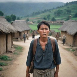 A saddened individual being expelled from a rural village by a group of stern villagers, with a backdrop of rustic houses and traditional settings.