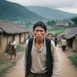 A saddened individual being expelled from a rural village by a group of stern villagers, with a backdrop of rustic houses and traditional settings.