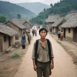 A saddened individual being expelled from a rural village by a group of stern villagers, with a backdrop of rustic houses and traditional settings.