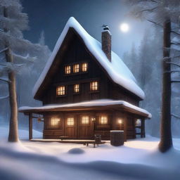 This is a high-quality digital art image of a dark, fantasy-inspired, rustic tavern situated in a winter village within a forest landscape