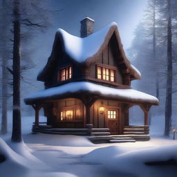 This is a high-quality digital art image of a dark, fantasy-inspired, rustic tavern situated in a winter village within a forest landscape