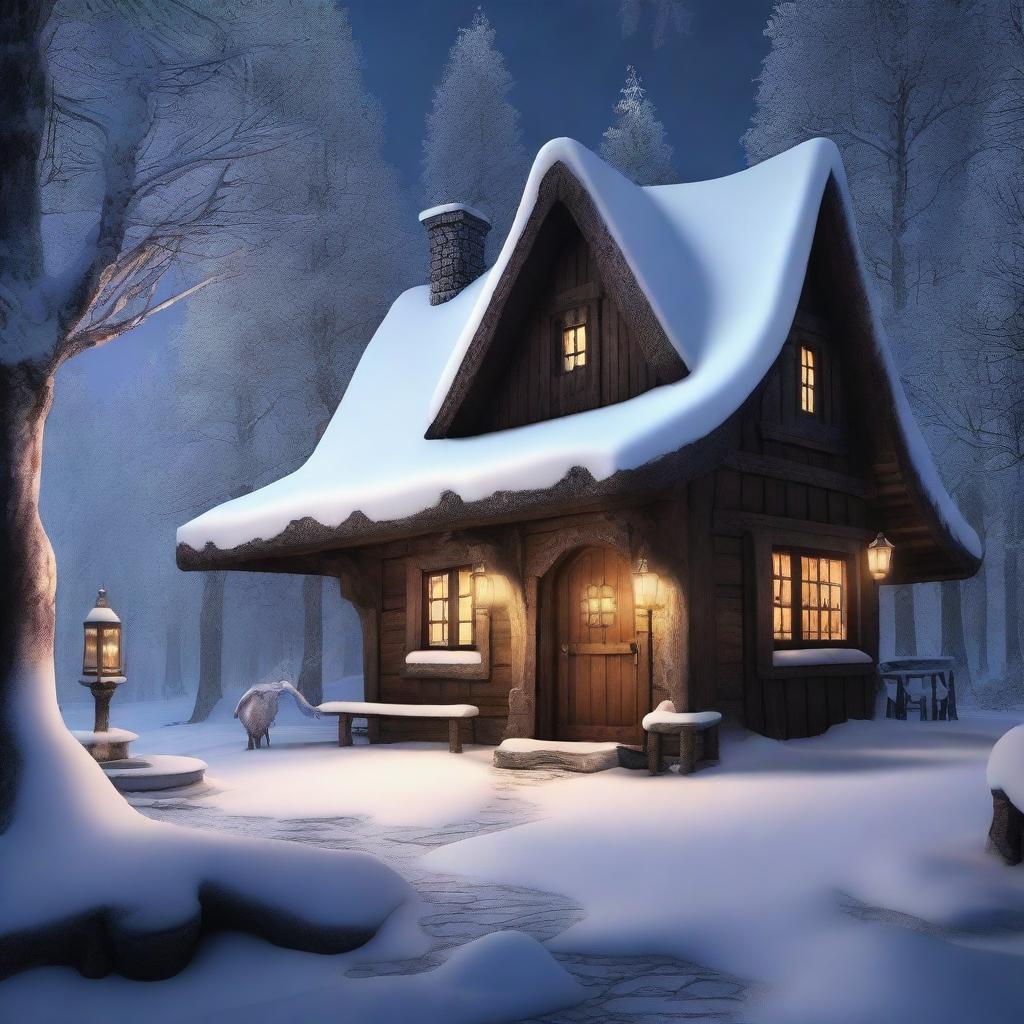 This is a high-quality digital art image of a dark, fantasy-inspired, rustic tavern situated in a winter village within a forest landscape