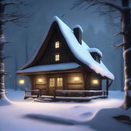 This is a high-quality digital art image of a dark, fantasy-inspired, rustic tavern situated in a winter village within a forest landscape