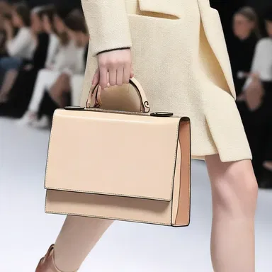 The fashion designer presented a boxlike handbag as part of their collection, with a sleek rectangular shape and sharp edges.