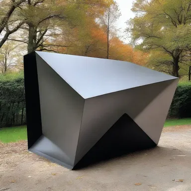 The sculptor created a boxlike artwork using metal, showcasing its rectangular form and angular composition.