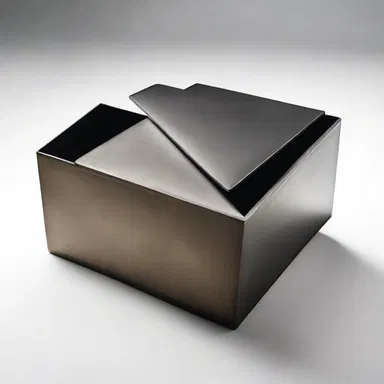 The sculptor created a boxlike artwork using metal, showcasing its rectangular form and angular composition.